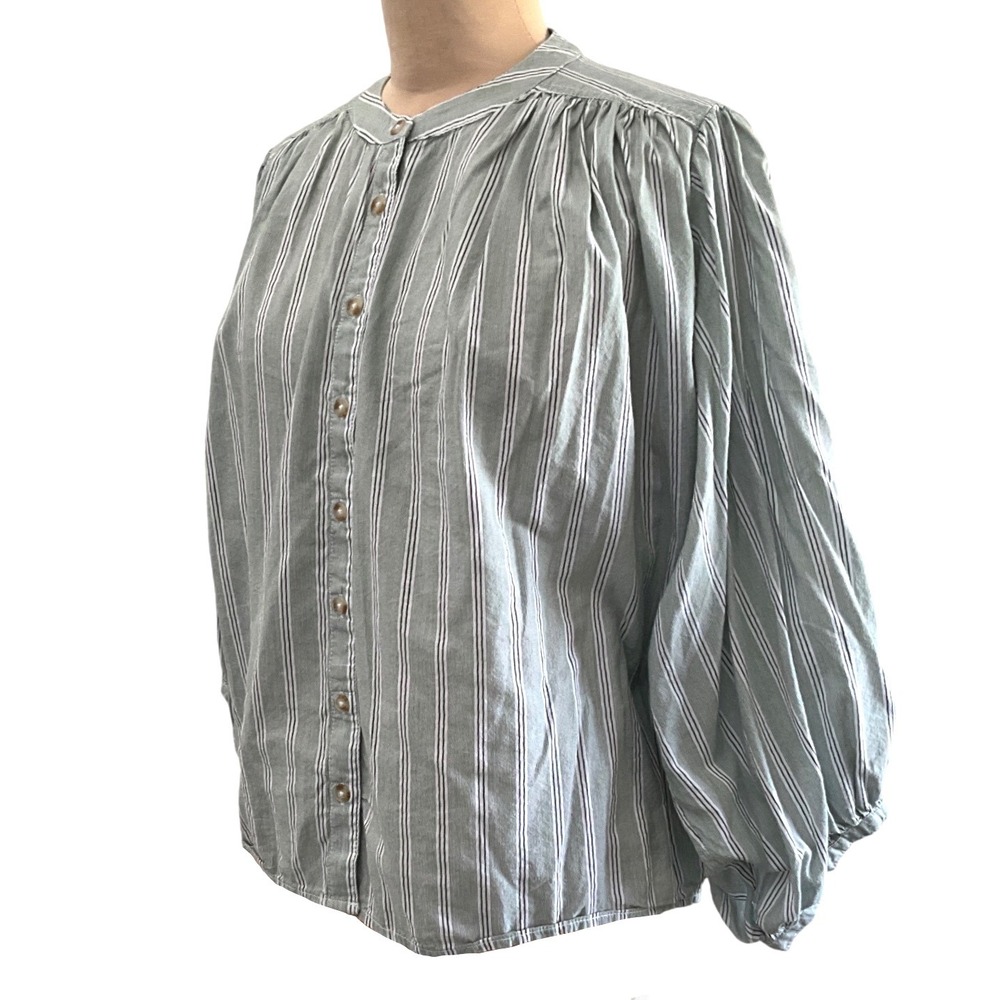 Pilcro Anthropologie Green Stripe Boho Peasant Cocoon Blouse Women's Size S - Picture 3 of 12